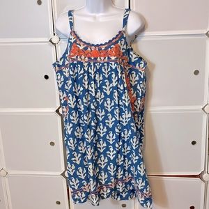 Blue & White Printed Mini Dress with Orange Trim